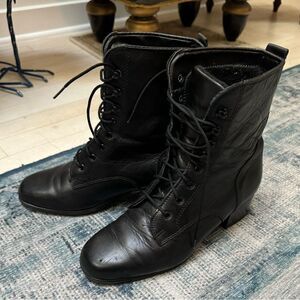Black Leather Lace Up Chunk Heel Combat Boots Size 6.5 Vintage
